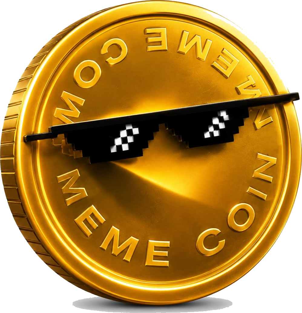 Gold MEMECOIN with pixelated sunglasses